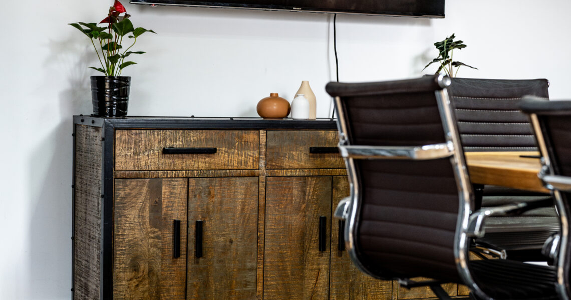 Close-up of television and teleconferencing and sideboard setup in Queen’s Gambit meeting room at ko&co workhub coworking hub in South Melbourne