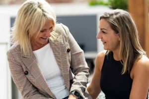 Kendra, founder of ko&co workhub and kendra creative sharing a laugh with Erin, founder of Hustle Tribe kickboaxing and HIIT gym and Hustle Tribe Fitness Retreats. South Melbourne