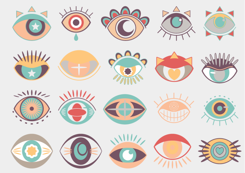 Illustration of diverse eye icons in Bauhaus style, representing different coworking personalities and work styles. ko&co workhub south melbourne