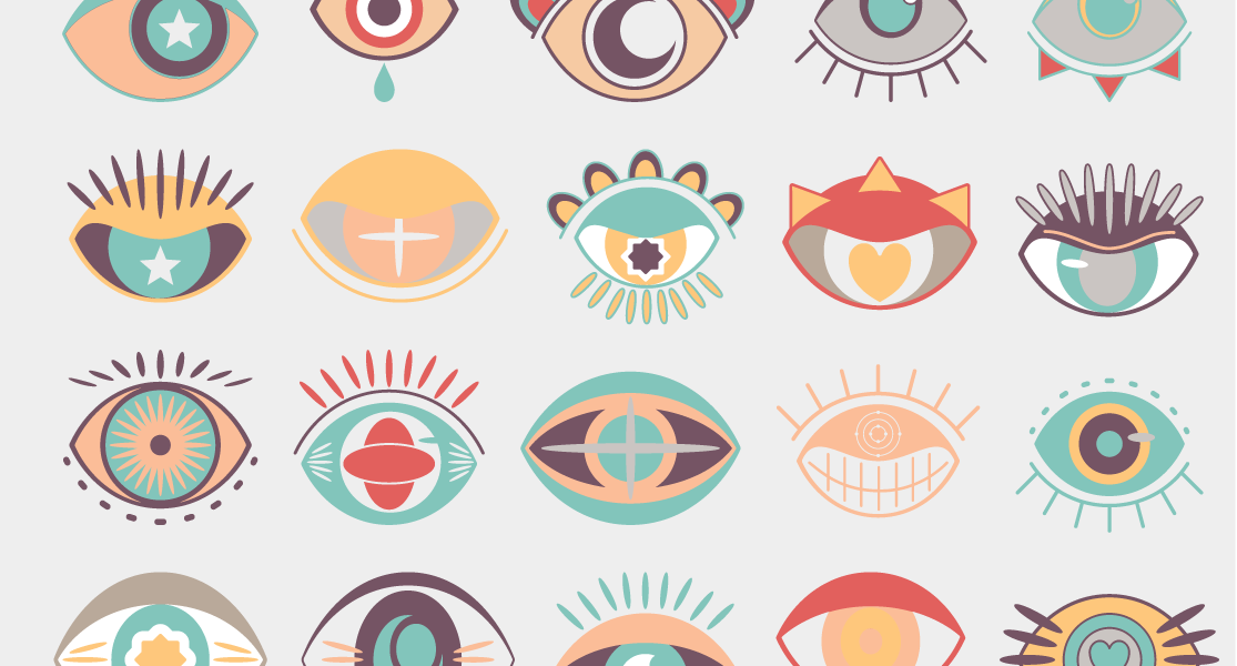 Illustration of diverse eye icons in Bauhaus style, representing different coworking personalities and work styles. ko&co workhub south melbourne
