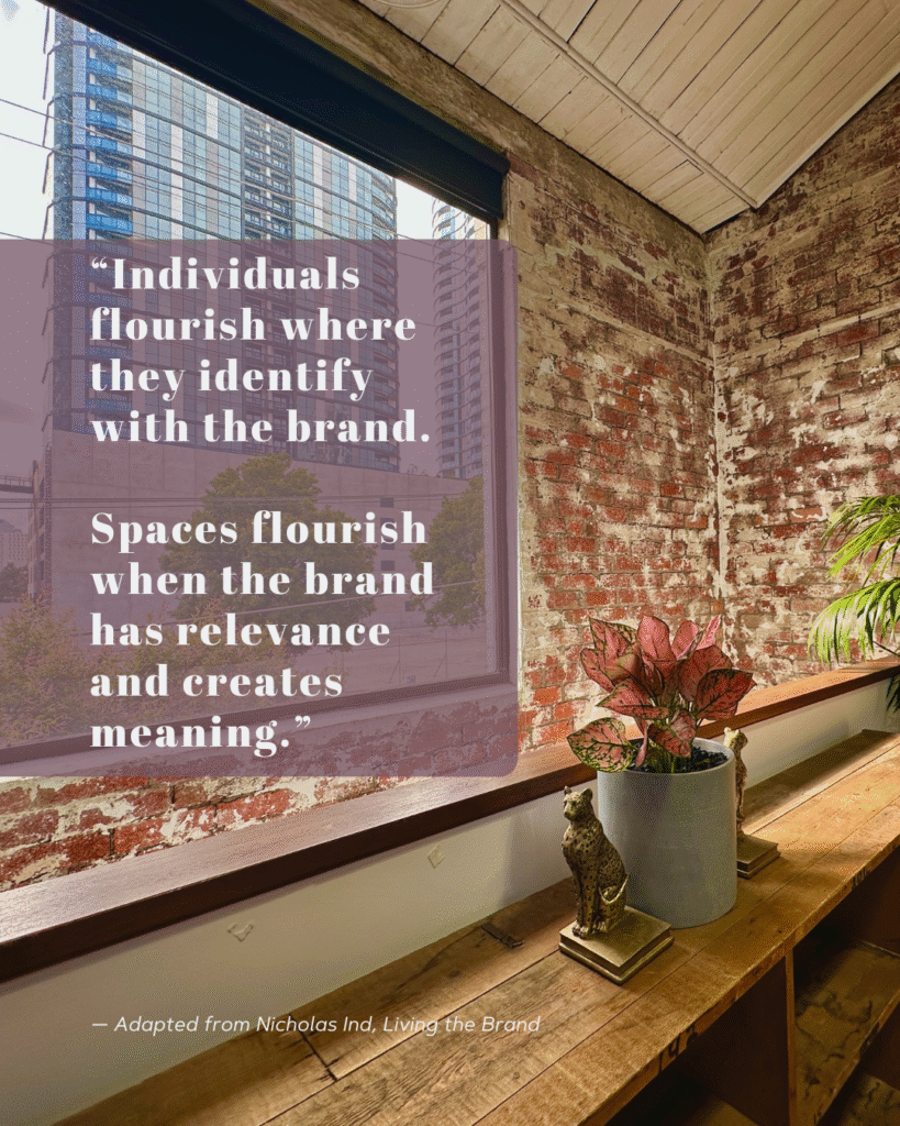 This image captures the interior of ko&co workhub in South Melbourne—an intentionally designed coworking space built as a living brand. Overlaid is a quote adapted from Nicholas Ind’s Living the Brand, reflecting ko&co’s human-centred approach to branding through environment and experience.