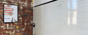 A photo of a whiteboard filled with ideas, strategy notes, and vision planning at ko&co workhub, beside a framed print titled “The Leap.” This image represents the founder’s process of realigning ko&co into a coworking and brand support hub for solopreneurs and small business owners.