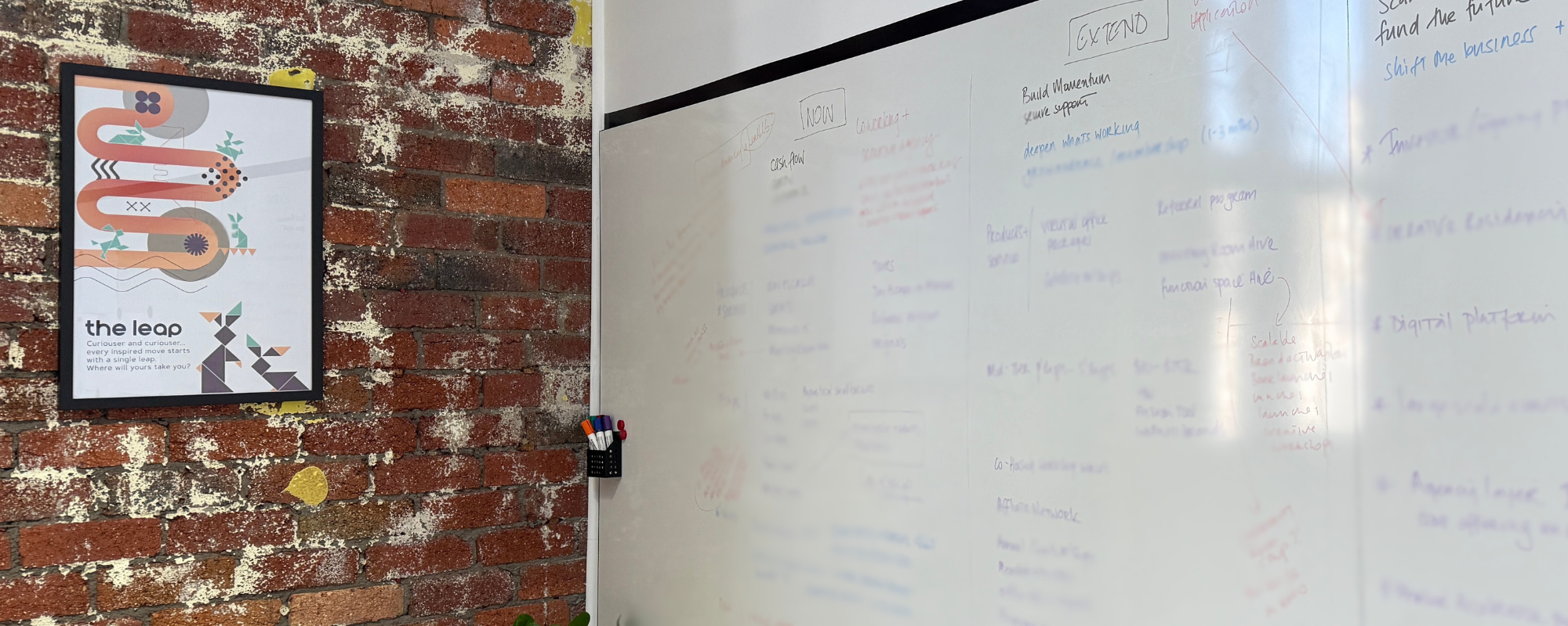 A photo of a whiteboard filled with ideas, strategy notes, and vision planning at ko&co workhub, beside a framed print titled “The Leap.” This image represents the founder’s process of realigning ko&co into a coworking and brand support hub for solopreneurs and small business owners.